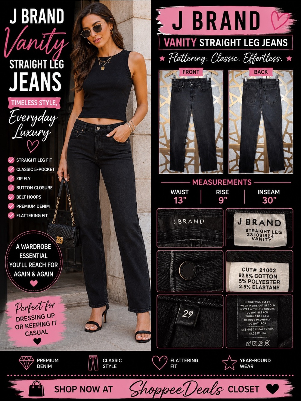 J Brand Vanity Straight Leg Jeans – Black – Women’s Size 29